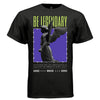Black Be Legendary angel t-shirt front view bold lime green BE LEGENDARY text with stone statue purple backdrop