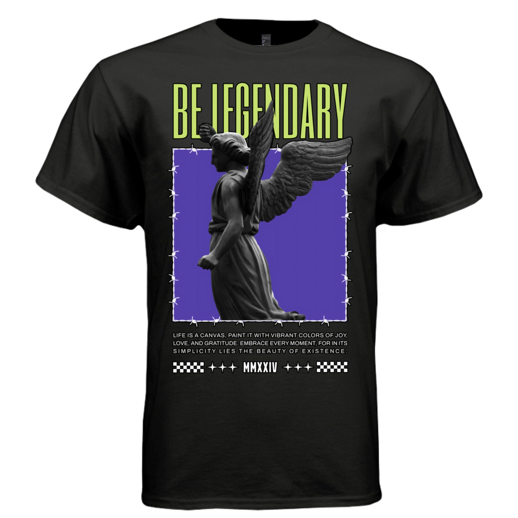 Black Be Legendary angel t-shirt front view bold lime green BE LEGENDARY text with stone statue purple backdrop