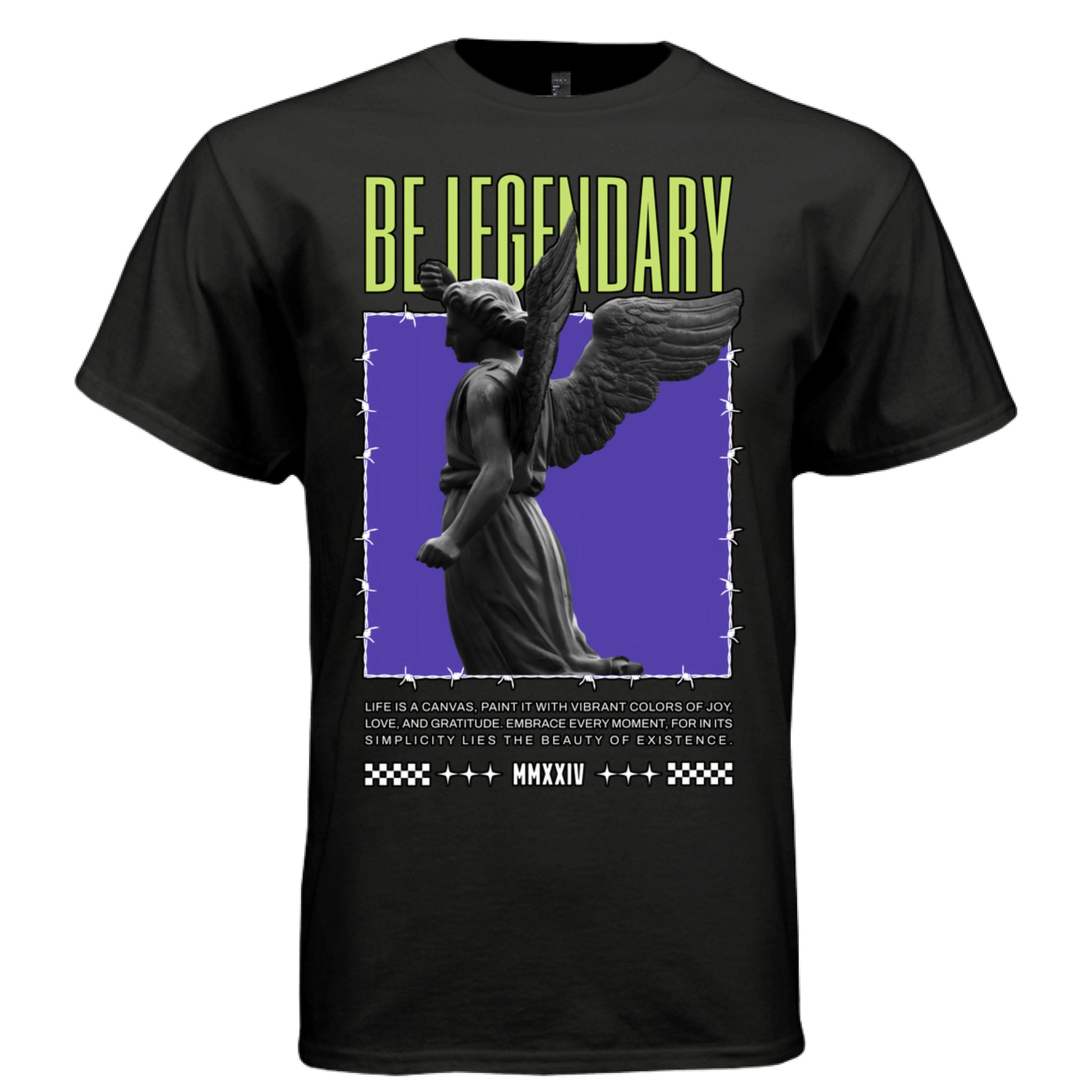 Black Be Legendary angel t-shirt front view bold lime green BE LEGENDARY text with stone statue purple backdrop