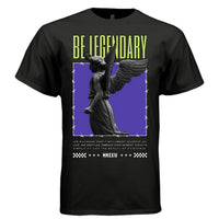 Black Be Legendary angel t-shirt front view bold lime green BE LEGENDARY text with stone statue purple backdrop