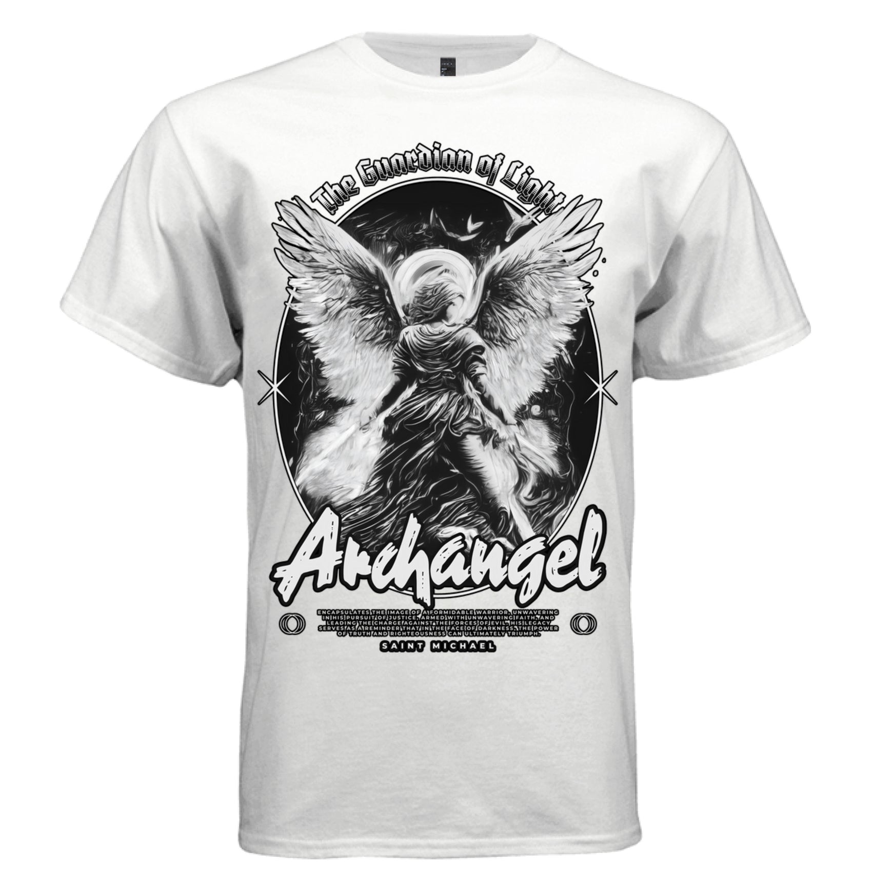 White Archangel Saint Michael faith streetwear t-shirt front view Guardian of Light dramatic angel DTG print