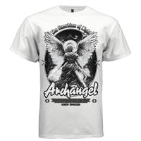 White Archangel Saint Michael faith streetwear t-shirt front view Guardian of Light dramatic angel DTG print