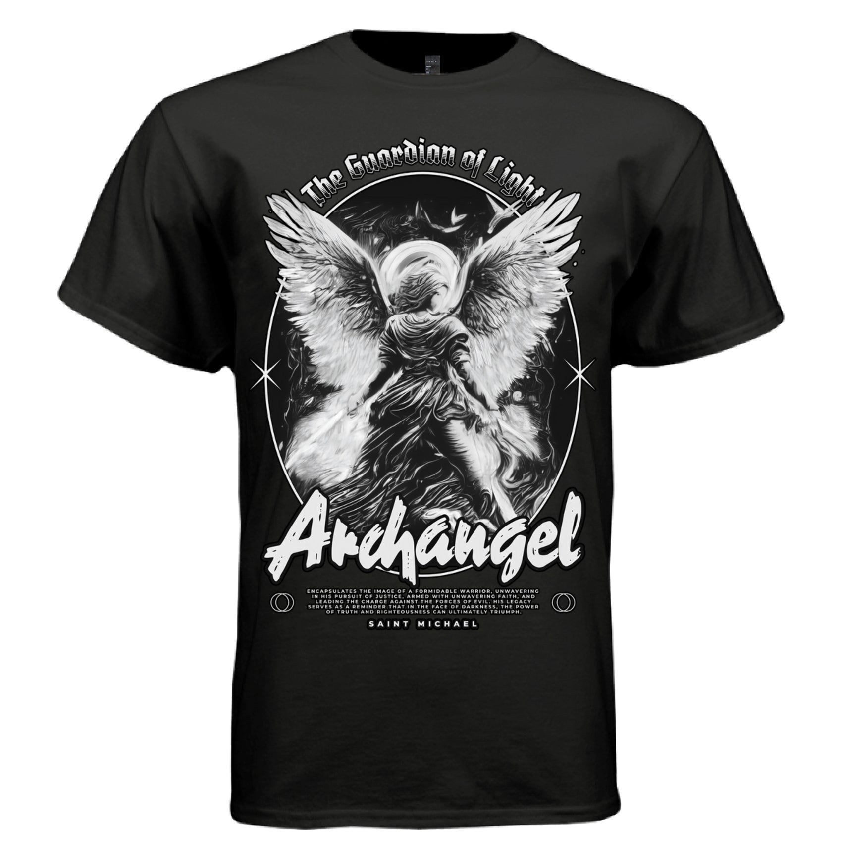 Black Archangel Saint Michael t-shirt front view bold Guardian of Light oval frame massive wings dark art