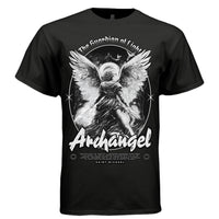 Black Archangel Saint Michael t-shirt front view bold Guardian of Light oval frame massive wings dark art