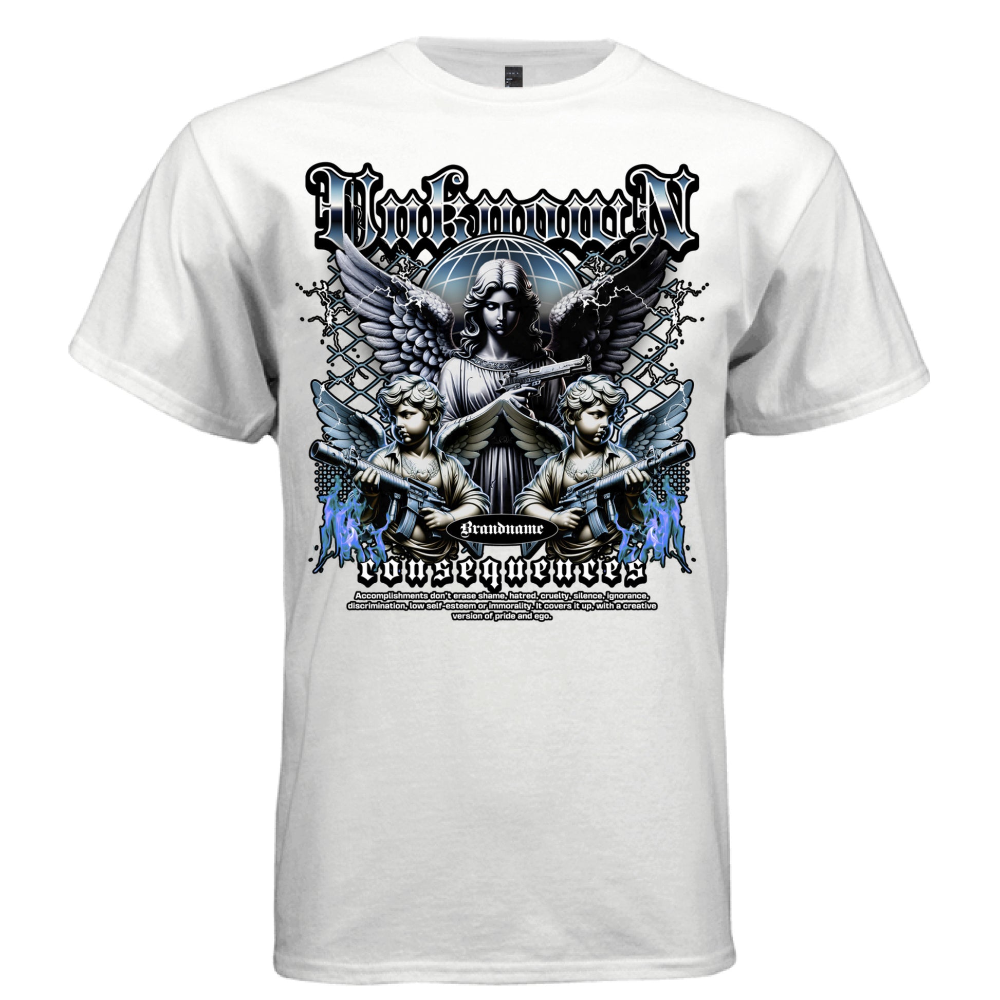 White Unforgiven Consequences dark urban streetwear t-shirt front view armed angel Gothic typography DTG print