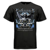 Black Unforgiven Consequences gothic metallic t-shirt front view armed angels globe chain link blue fire