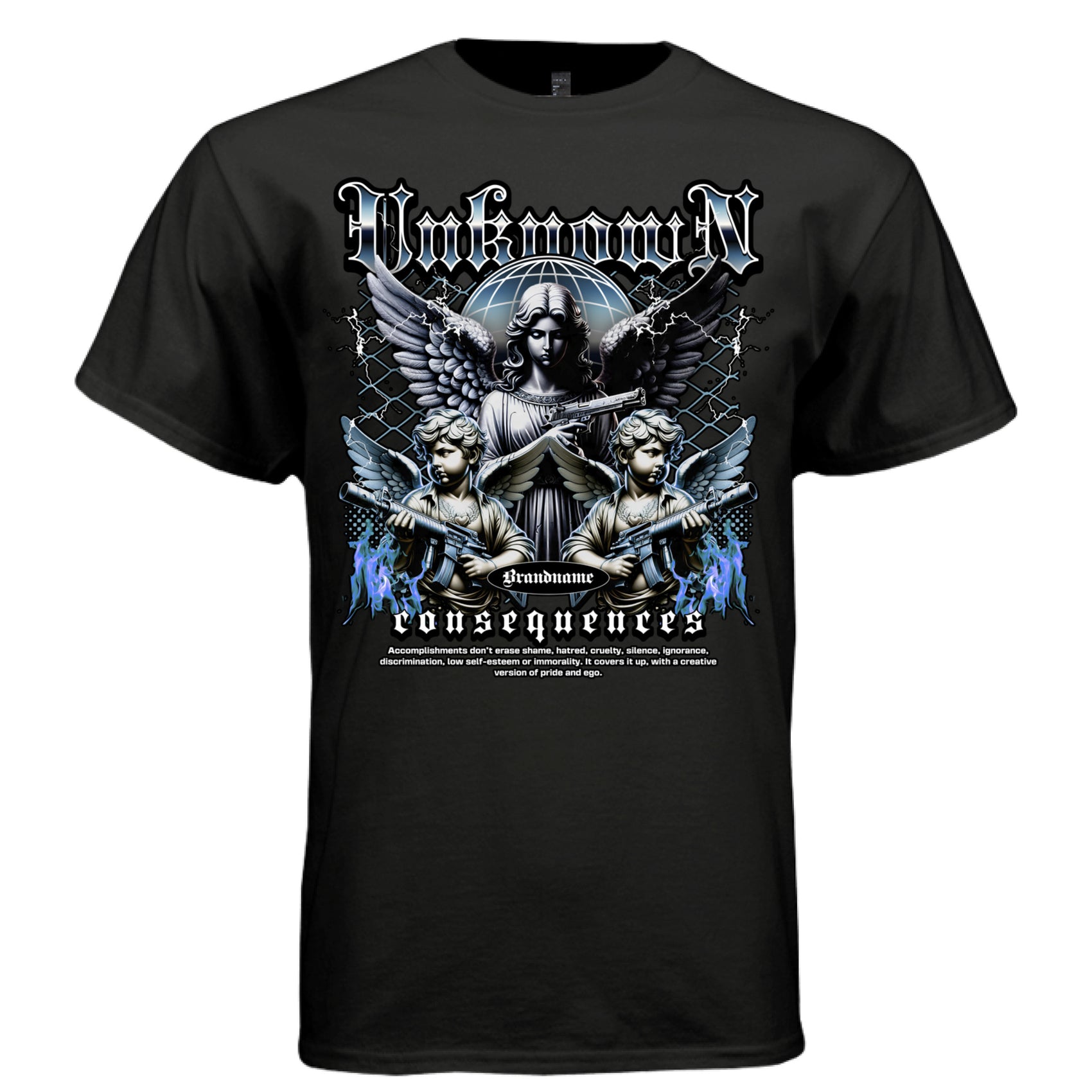Black Unforgiven Consequences gothic metallic t-shirt front view armed angels globe chain link blue fire