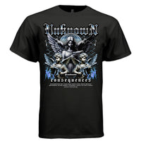 Black Unforgiven Consequences gothic metallic t-shirt front view armed angels globe chain link blue fire