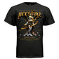 Black Prestige Dreams Into Reality t-shirt front view gold Gothic typography marble angel with orbital ring