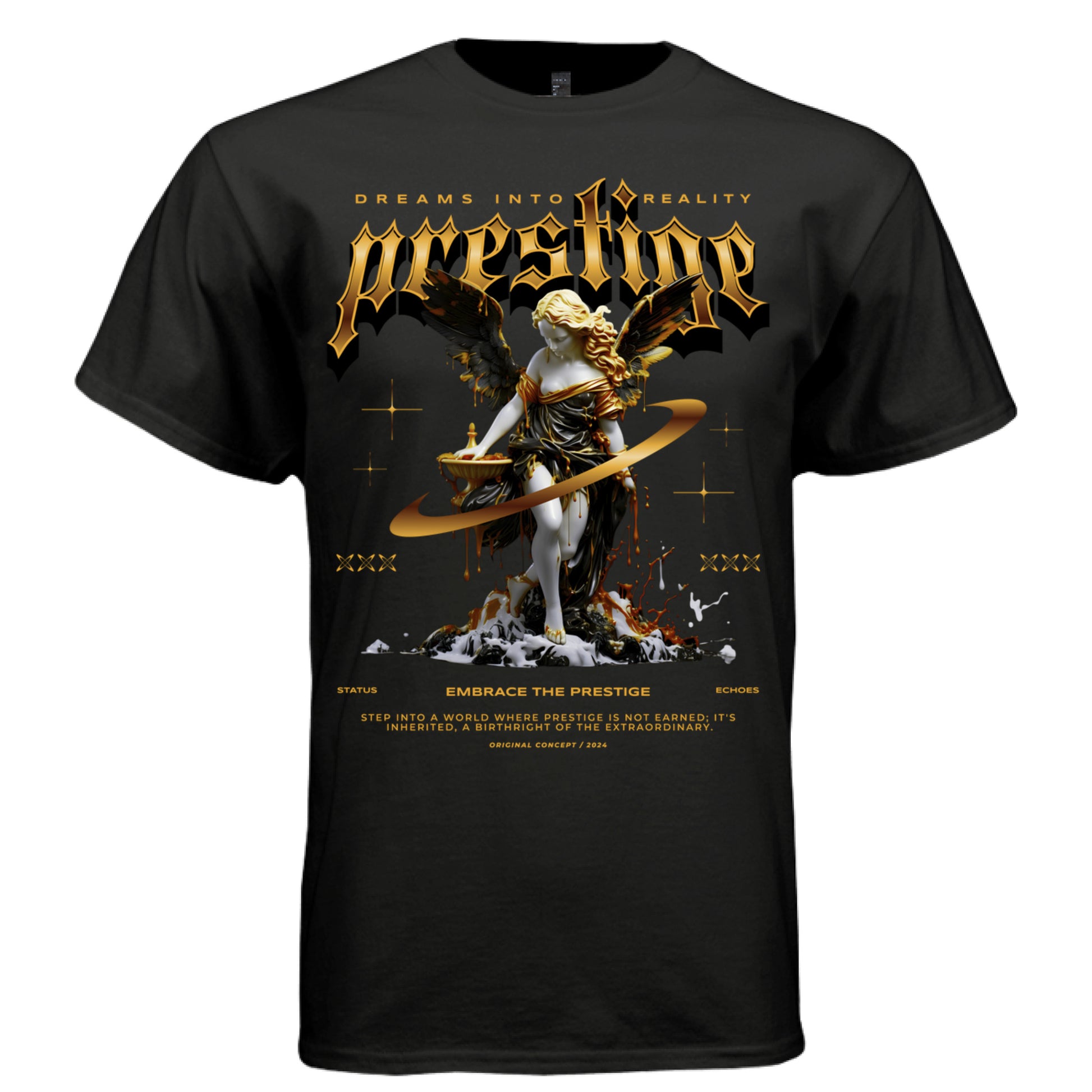 Black Prestige Dreams Into Reality t-shirt front view gold Gothic typography marble angel with orbital ring