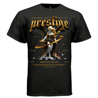 Black Prestige Dreams Into Reality t-shirt front view gold Gothic typography marble angel with orbital ring