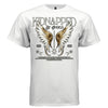 White Kidnapped by Angels faith streetwear t-shirt front view gold ornate wings symmetrical design DTG print