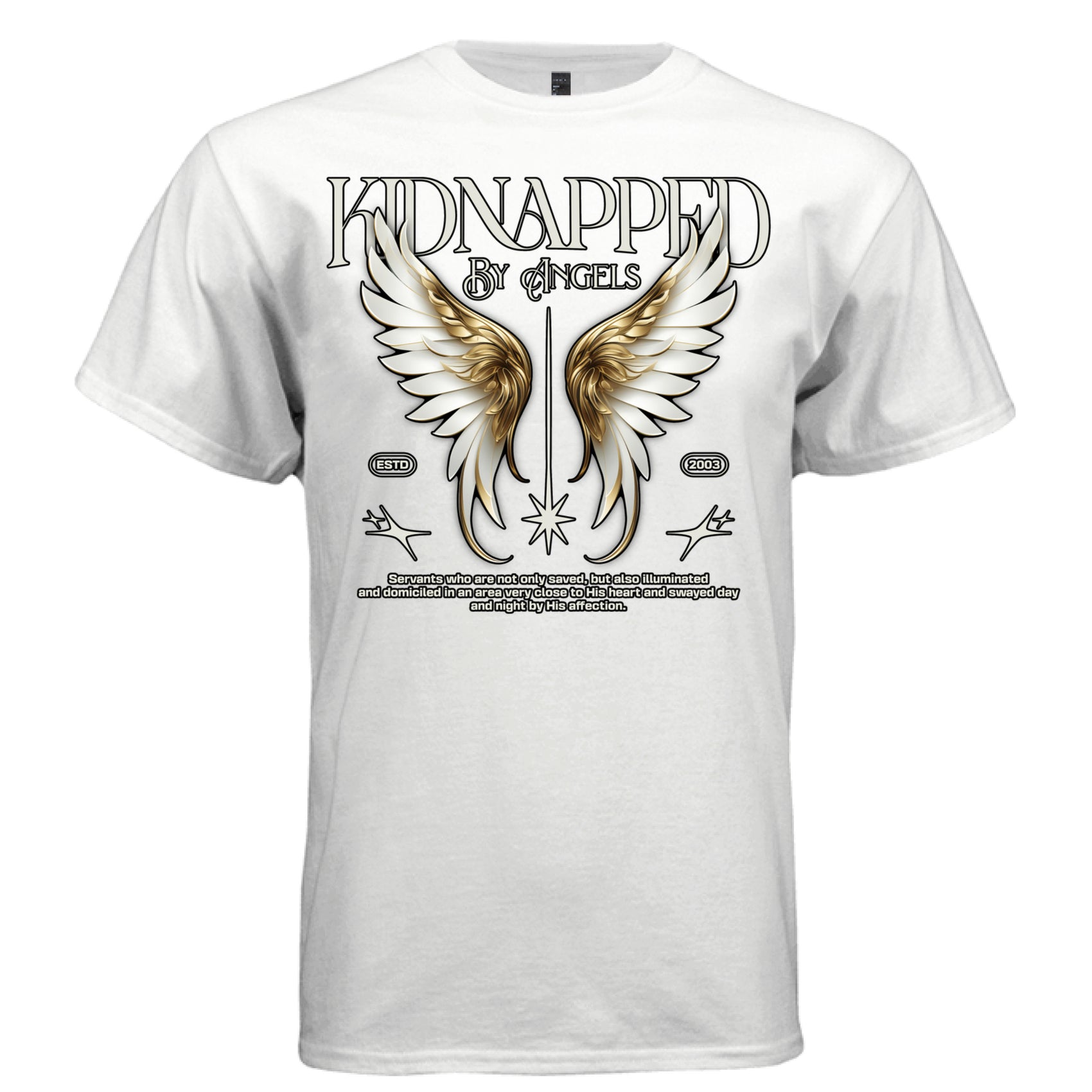 White Kidnapped by Angels faith streetwear t-shirt front view gold ornate wings symmetrical design DTG print