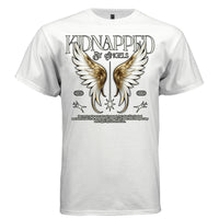 White Kidnapped by Angels faith streetwear t-shirt front view gold ornate wings symmetrical design DTG print