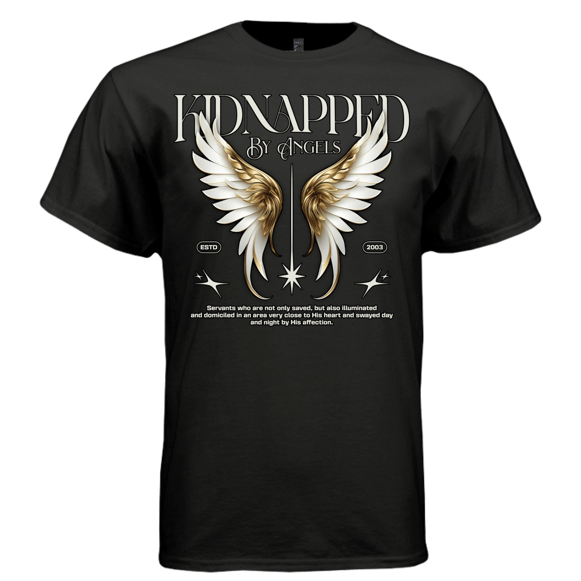 Black Kidnapped by Angels t-shirt front view bold silver KIDNAPPED text with gold white angel wings and sword