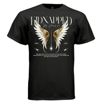 Black Kidnapped by Angels t-shirt front view bold silver KIDNAPPED text with gold white angel wings and sword