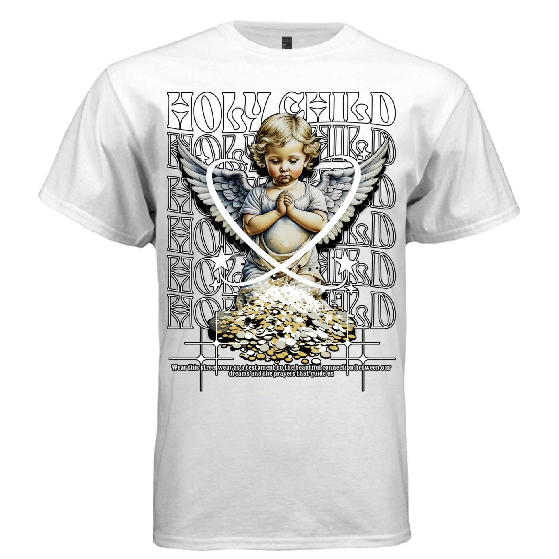 White Holy Child faith streetwear t-shirt front view praying baby angel watercolor gold coins DTG print