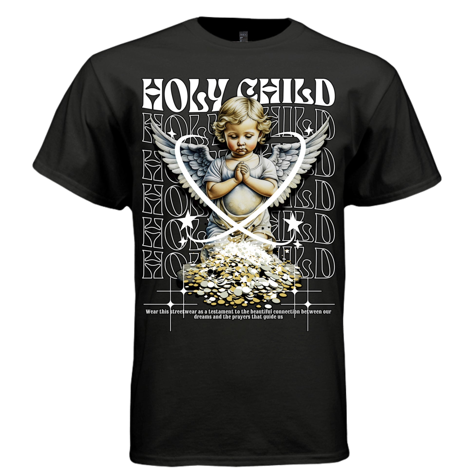 Black Holy Child praying cherub t-shirt front view watercolor angel gold coins heart frame repeating Holy Child text