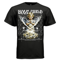 Black Holy Child praying cherub t-shirt front view watercolor angel gold coins heart frame repeating Holy Child text