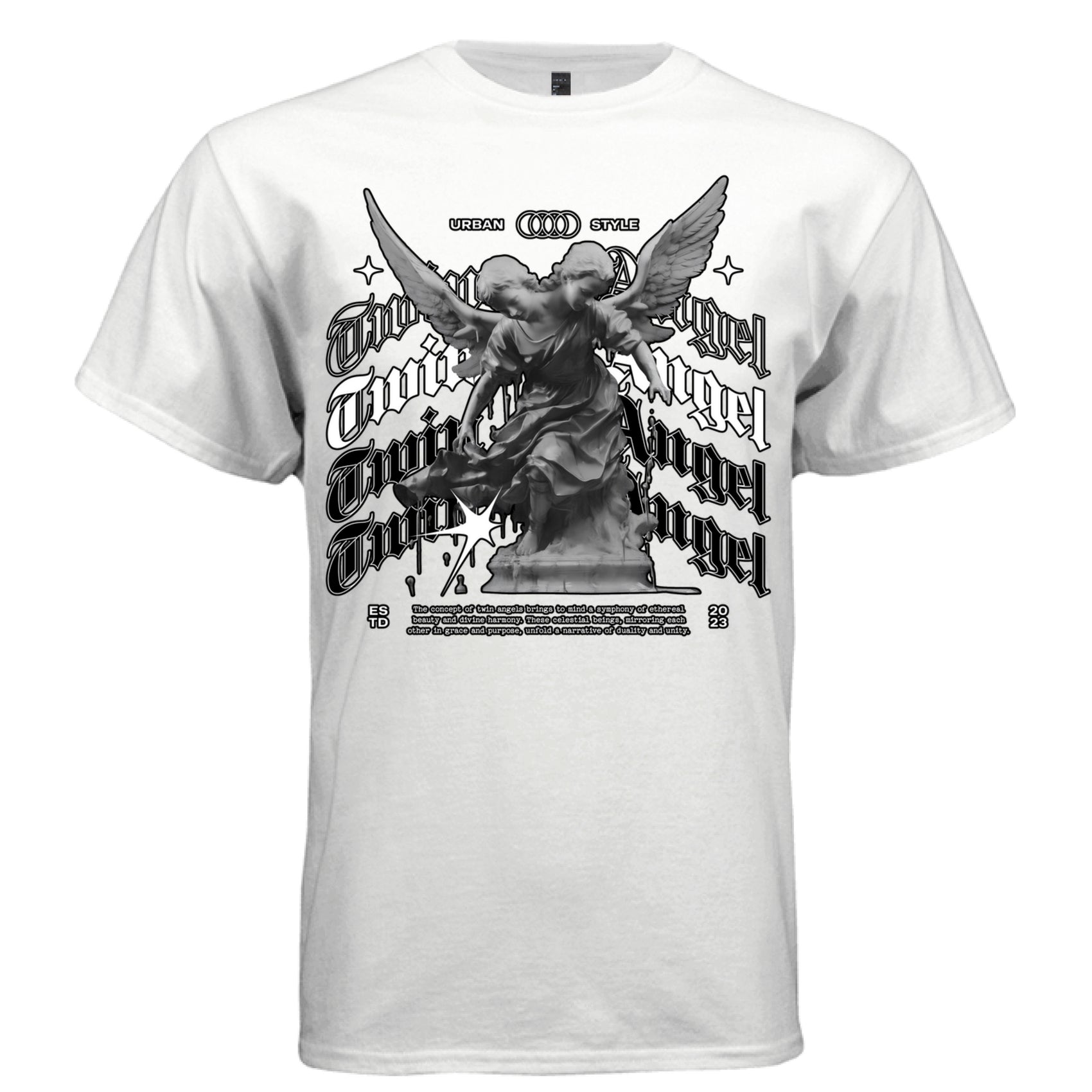 White twin angel oversized streetwear t-shirt front view black and white old english script