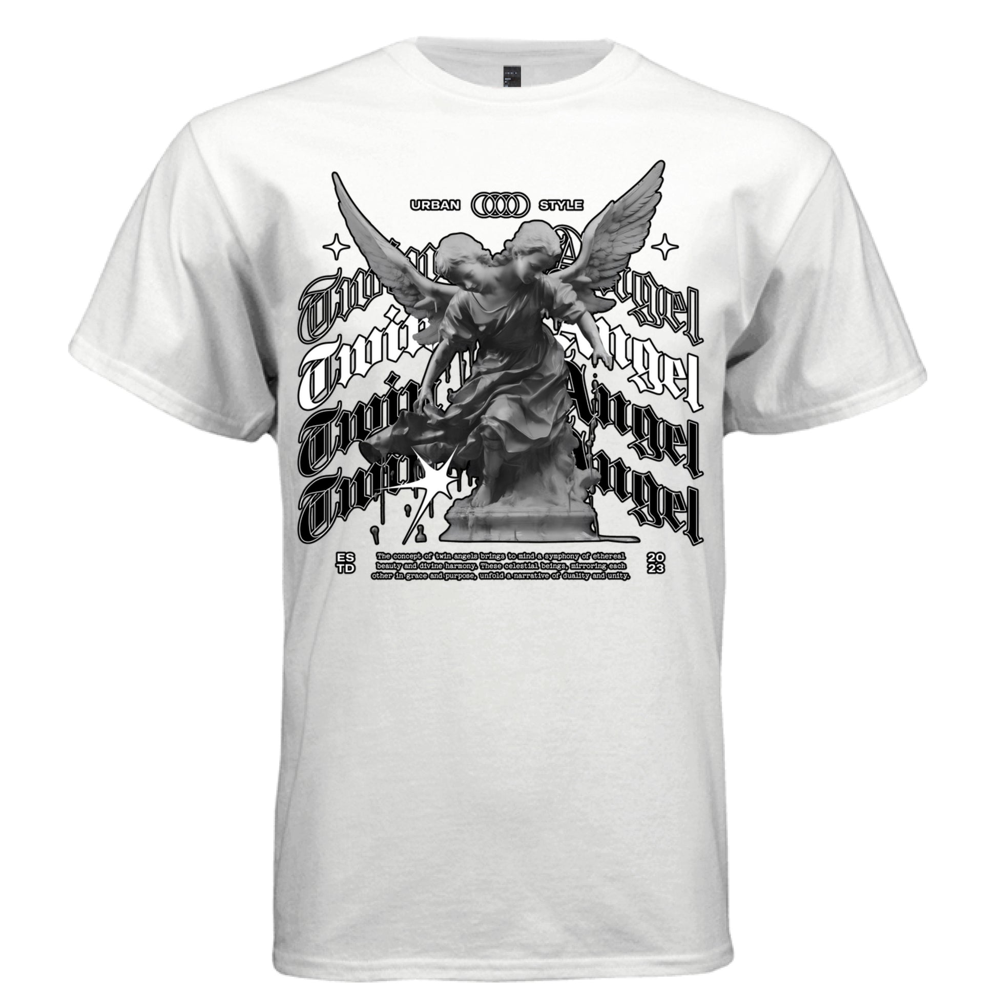 White twin angel oversized streetwear t-shirt front view black and white old english script