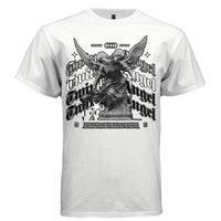 White twin angel oversized streetwear t-shirt front view black and white old english script
