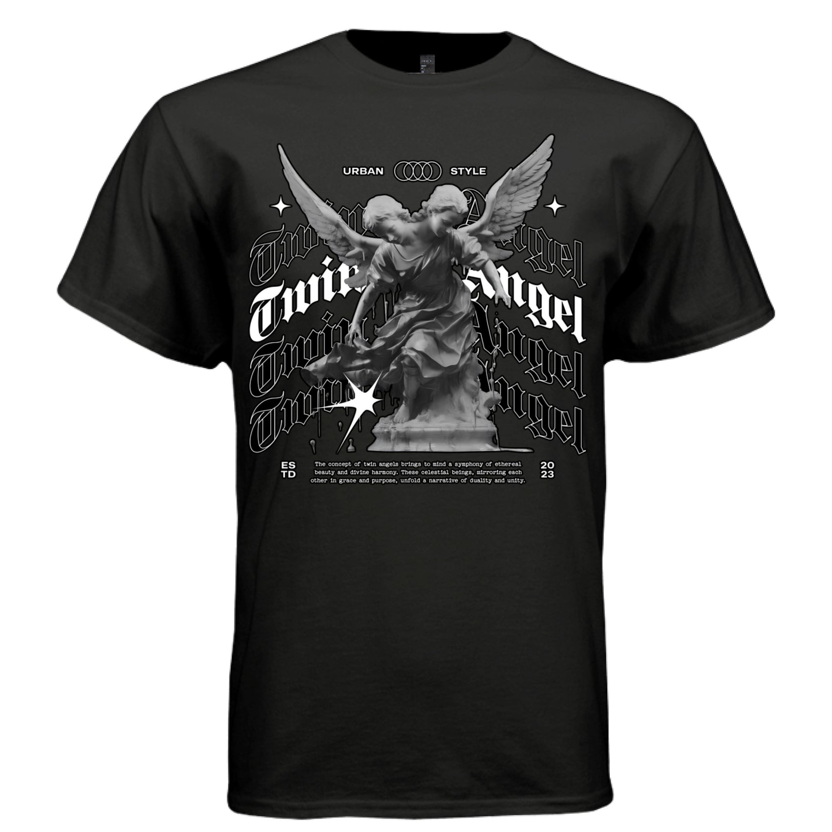 Twin angel urban style graphic t-shirt stone angel dynamic wings spread gothic typography