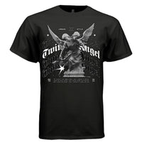 Twin angel urban style graphic t-shirt stone angel dynamic wings spread gothic typography