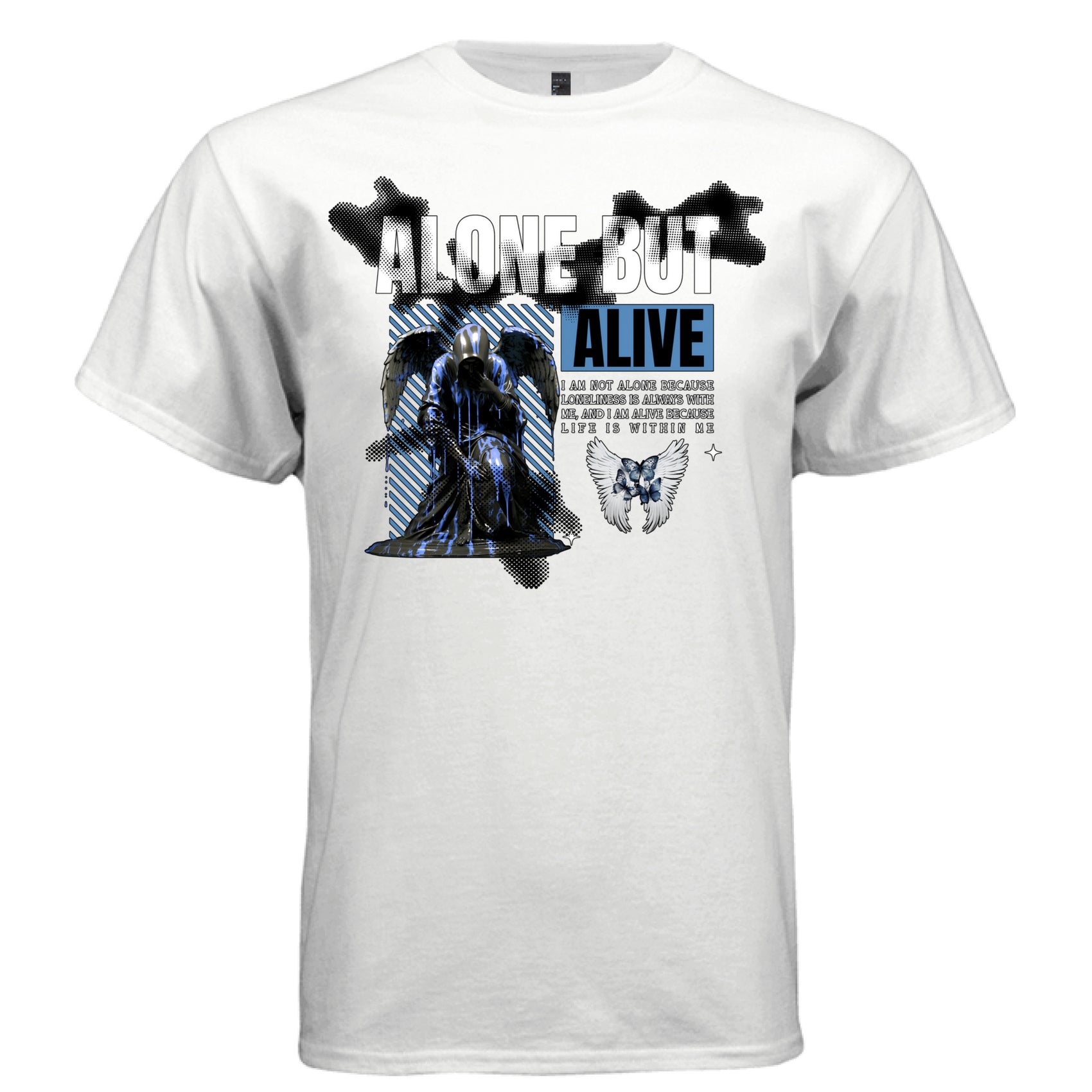 ALONE BUT ALIVE Dark Reaper Graphic T-Shirt – Cyber Goth Electric Blue Streetwear by Project Hood