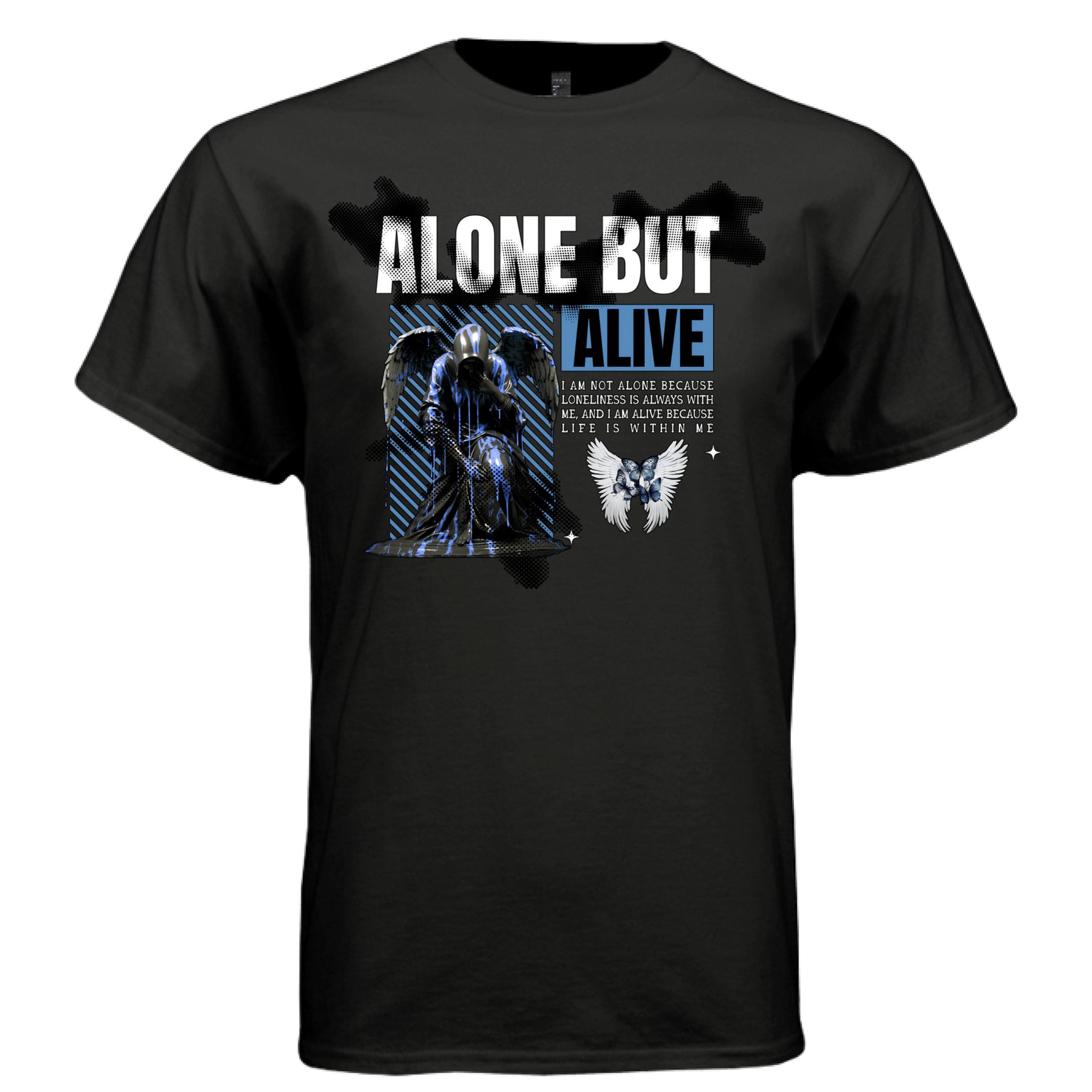 ALONE BUT ALIVE Dark Reaper Graphic T-Shirt – Cyber Goth Electric Blue Streetwear by Project Hood