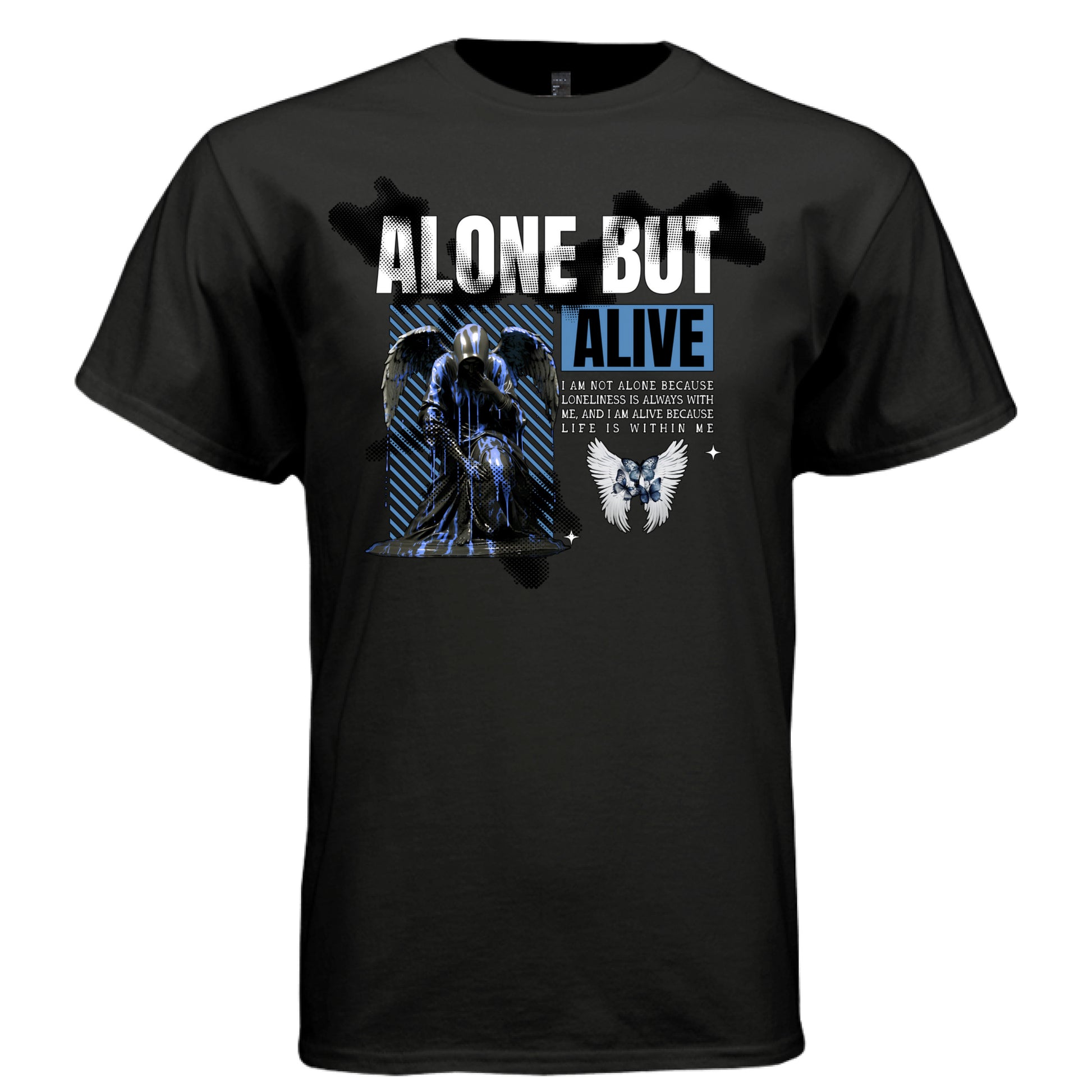 ALONE BUT ALIVE Dark Reaper Graphic T-Shirt – Cyber Goth Electric Blue Streetwear by Project Hood