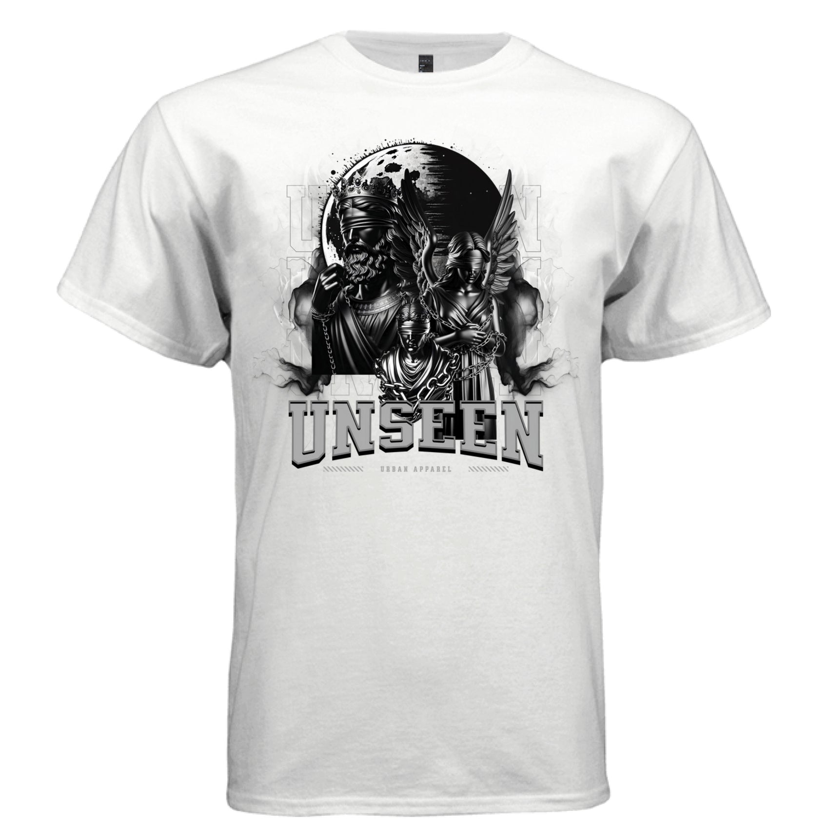 UNSEEN Blind Justice Angel Graphic T-Shirt – Dark Fantasy Monochrome Streetwear by Project Hood