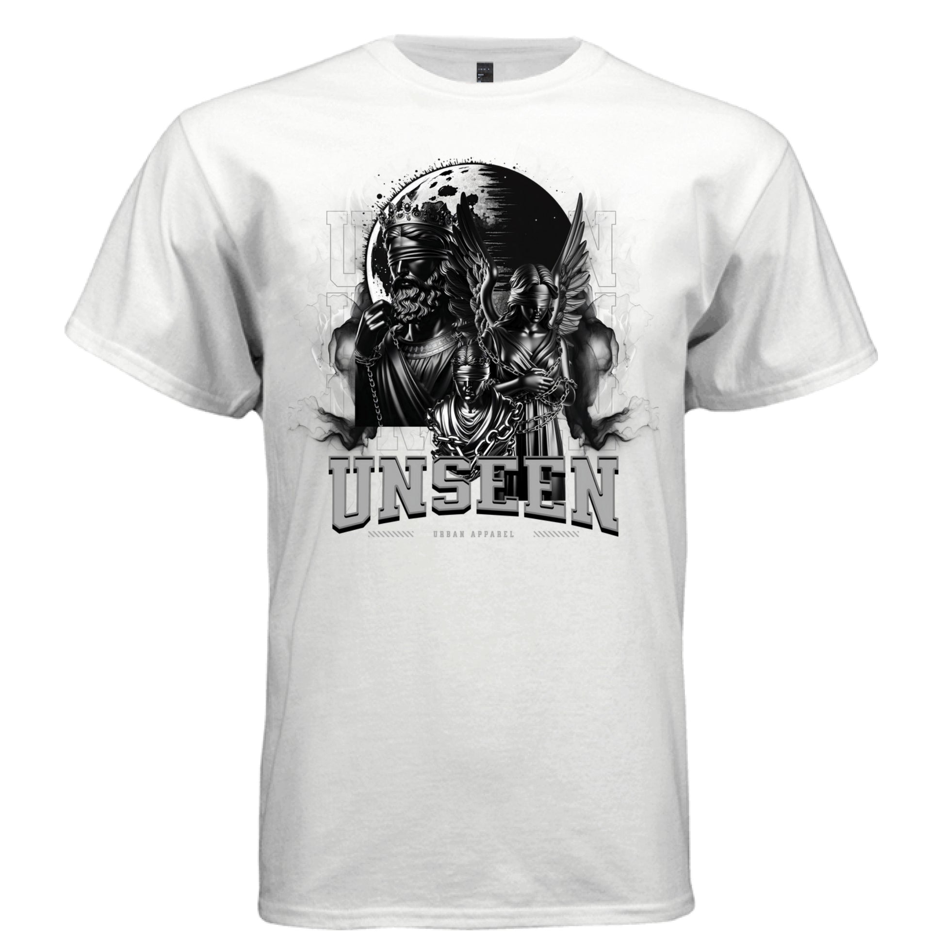 UNSEEN Blind Justice Angel Graphic T-Shirt – Dark Fantasy Monochrome Streetwear by Project Hood