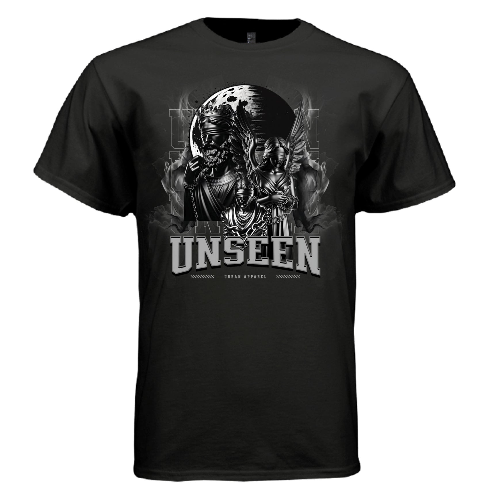 UNSEEN Blind Justice Angel Graphic T-Shirt – Dark Fantasy Monochrome Streetwear by Project Hood