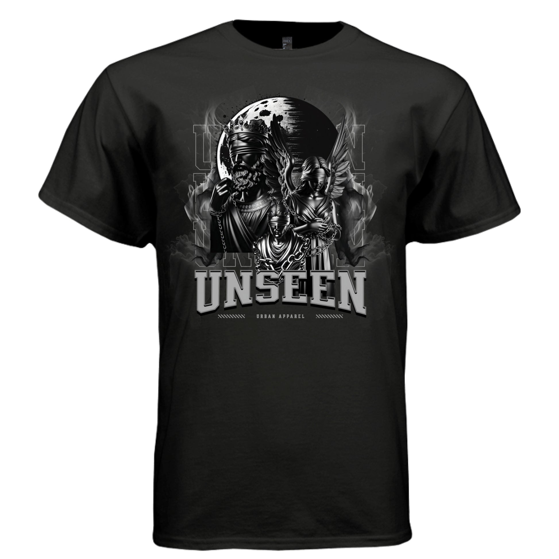 UNSEEN Blind Justice Angel Graphic T-Shirt – Dark Fantasy Monochrome Streetwear by Project Hood