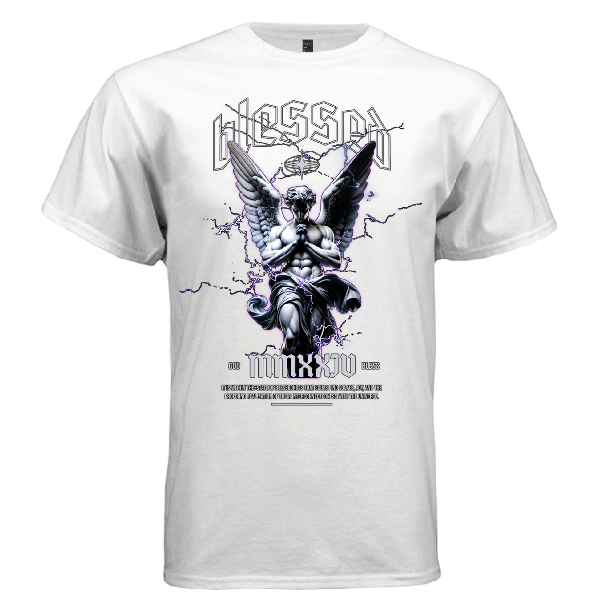 BLESSED MMXXIV Praying Angel Graphic T-Shirt – Purple Lightning Faith Streetwear by Project Hood