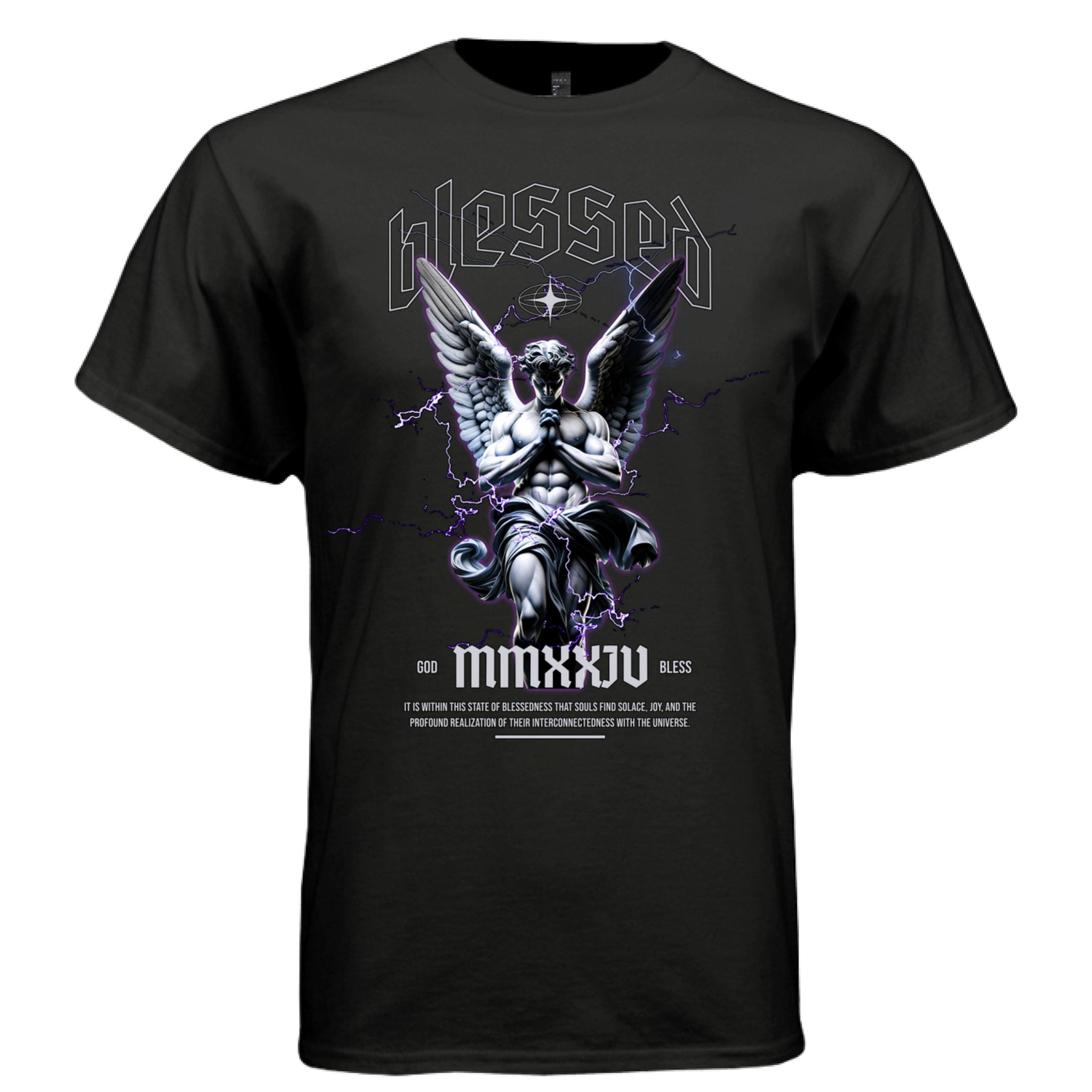 BLESSED MMXXIV Praying Angel Graphic T-Shirt – Purple Lightning Faith Streetwear by Project Hood