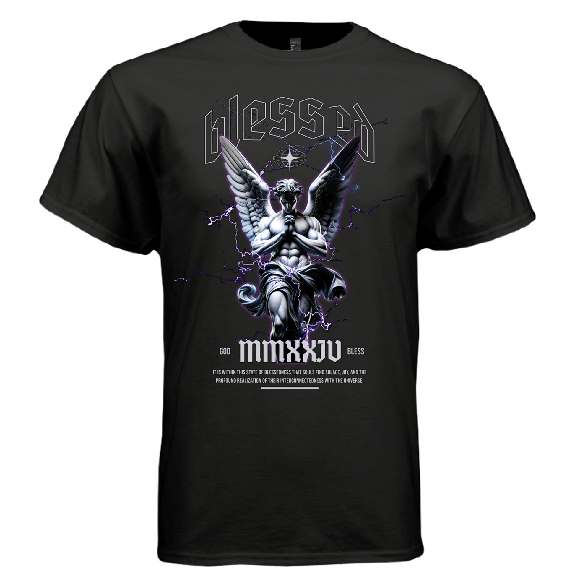 BLESSED MMXXIV Praying Angel Graphic T-Shirt – Purple Lightning Faith Streetwear by Project Hood
