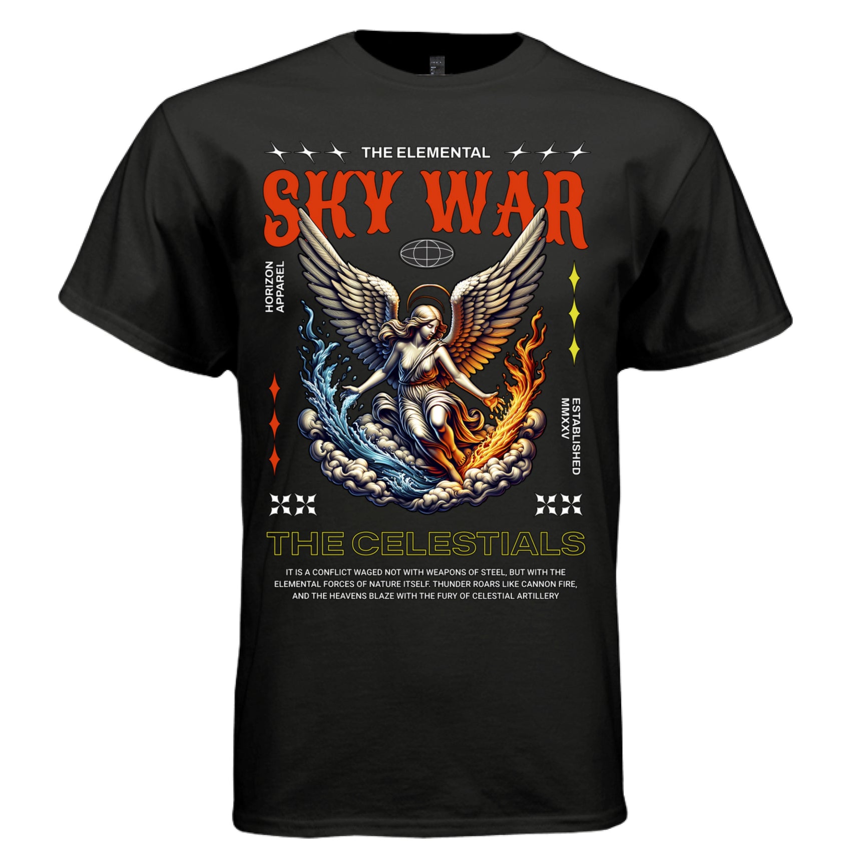 SKY WAR The Celestials Elemental Angel Graphic T-Shirt – Fire Water Wings Fantasy Streetwear by Project Hood