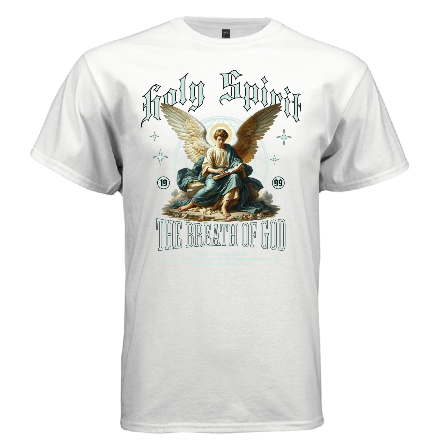 Seated angel with golden wings reading a book halo and celestial circle print — Project Hood Holy Spirit tee