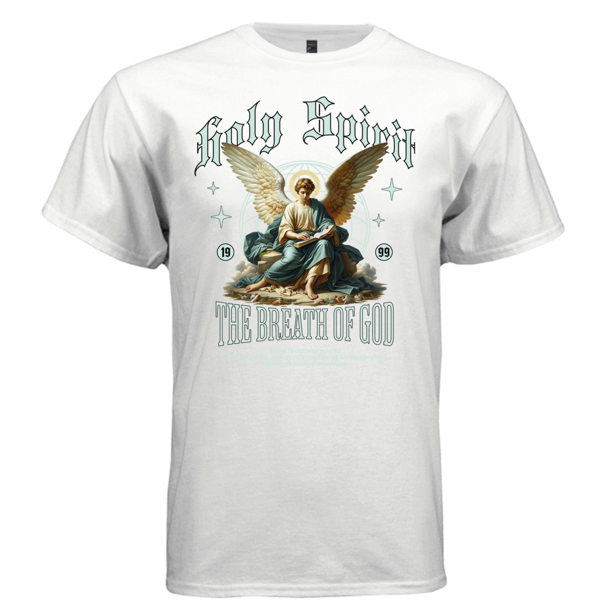 Seated angel with golden wings reading a book halo and celestial circle print — Project Hood Holy Spirit tee