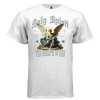 Seated angel with golden wings reading a book halo and celestial circle print — Project Hood Holy Spirit tee