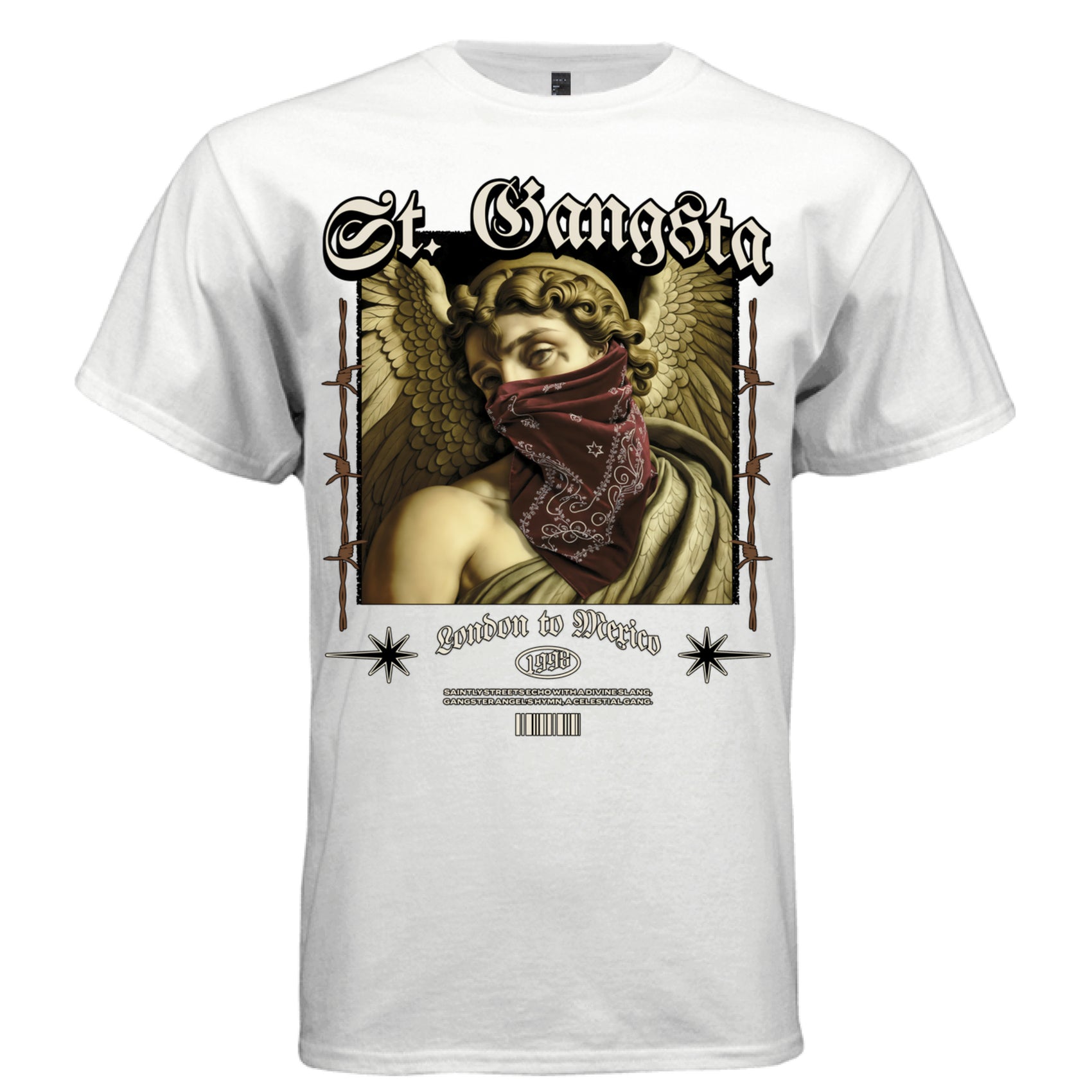 Bandana-masked Renaissance angel with golden wings red paisley face covering — Project Hood St. Gangsta tee