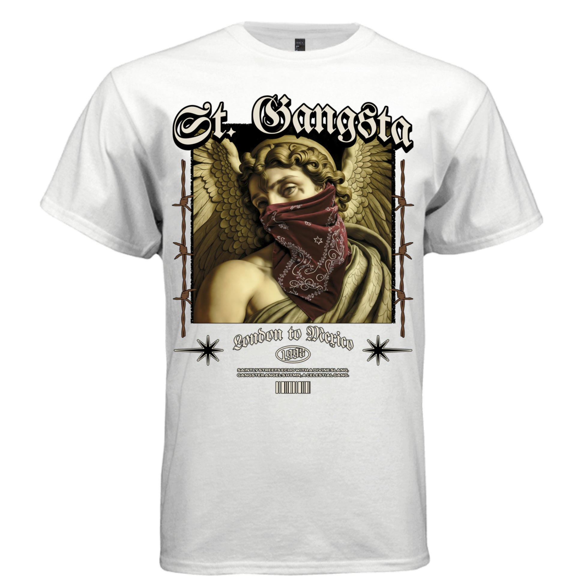 Bandana-masked Renaissance angel with golden wings red paisley face covering — Project Hood St. Gangsta tee