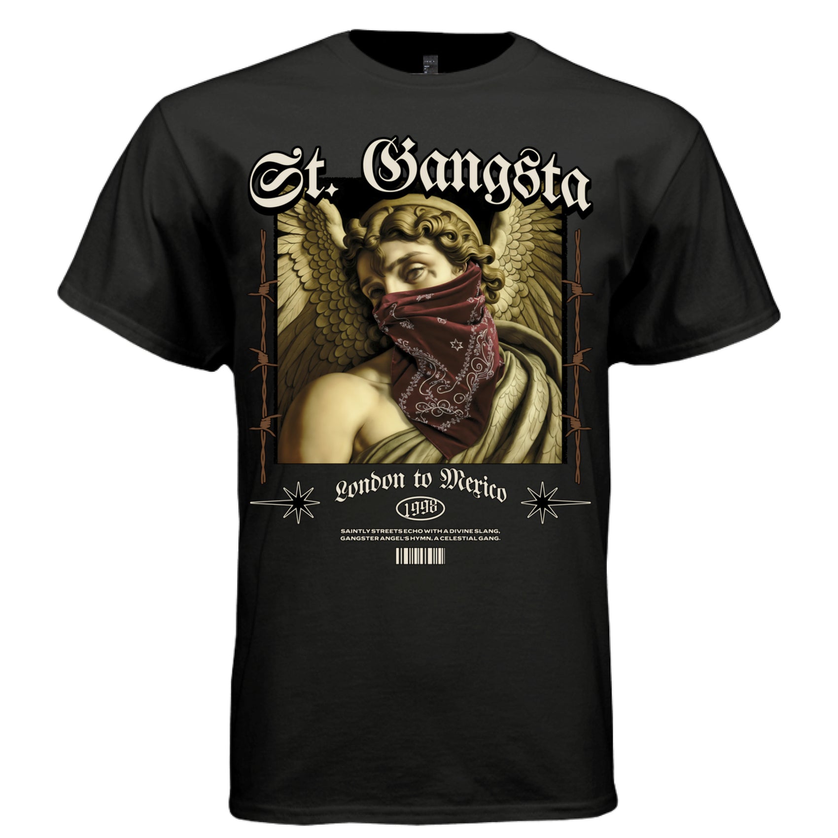 London to Mexico barbed wire frame starburst and angel oval detail — Project Hood St. Gangsta tee