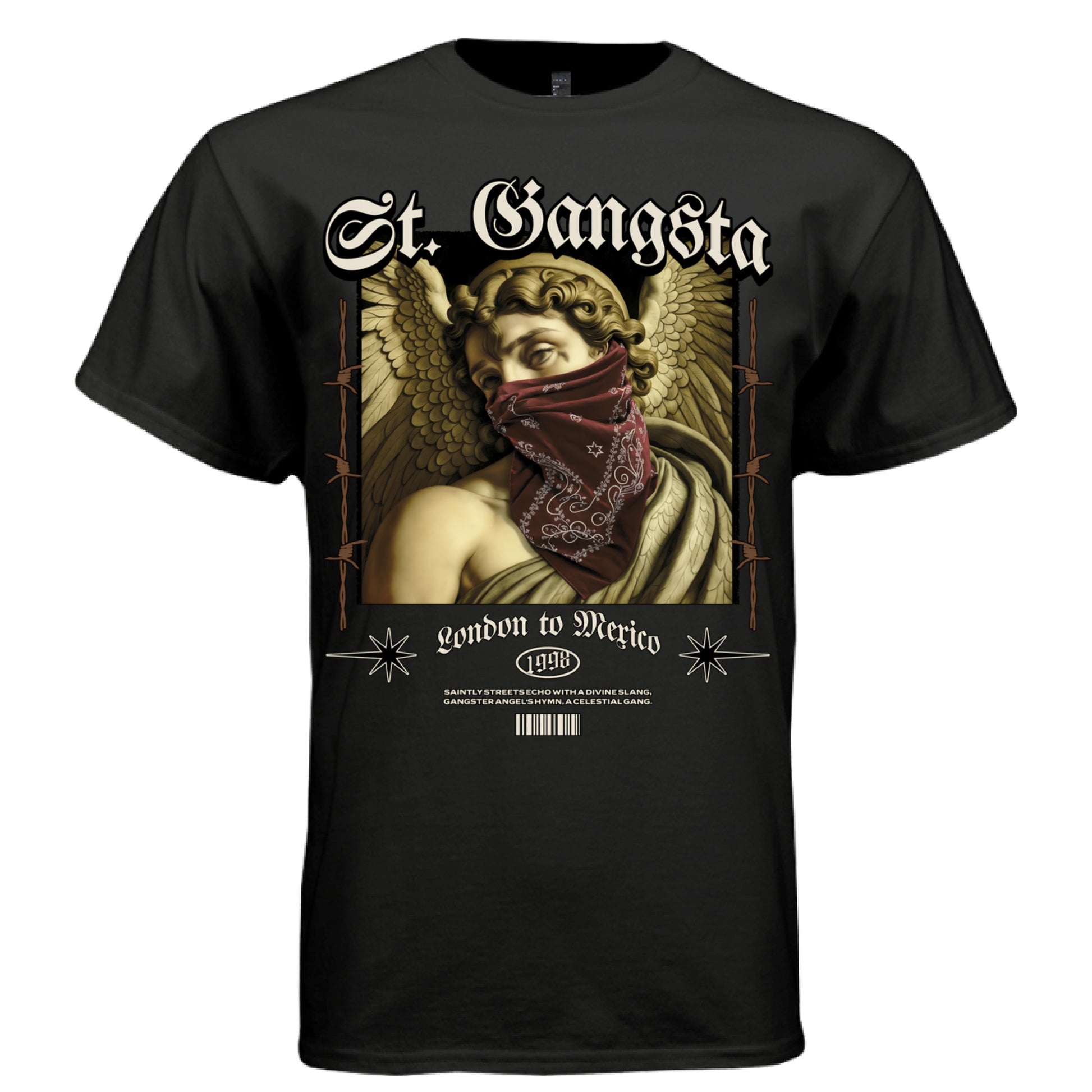 London to Mexico barbed wire frame starburst and angel oval detail — Project Hood St. Gangsta tee
