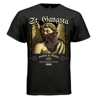 London to Mexico barbed wire frame starburst and angel oval detail — Project Hood St. Gangsta tee