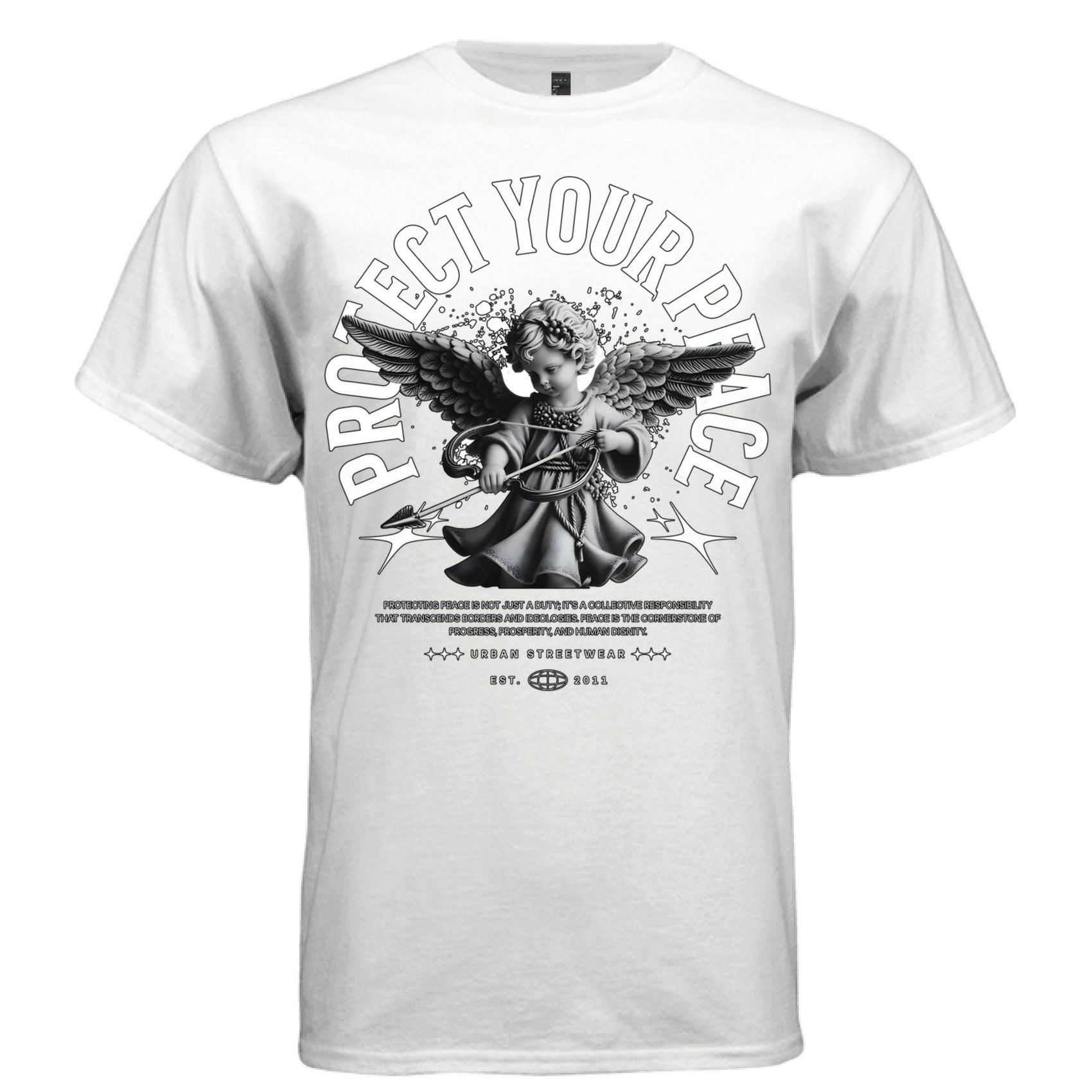Armed cherub drawing bow with Protect Your Peace arch print and paint splatters — Project Hood peace tee