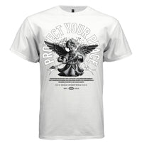 Armed cherub drawing bow with Protect Your Peace arch print and paint splatters — Project Hood peace tee