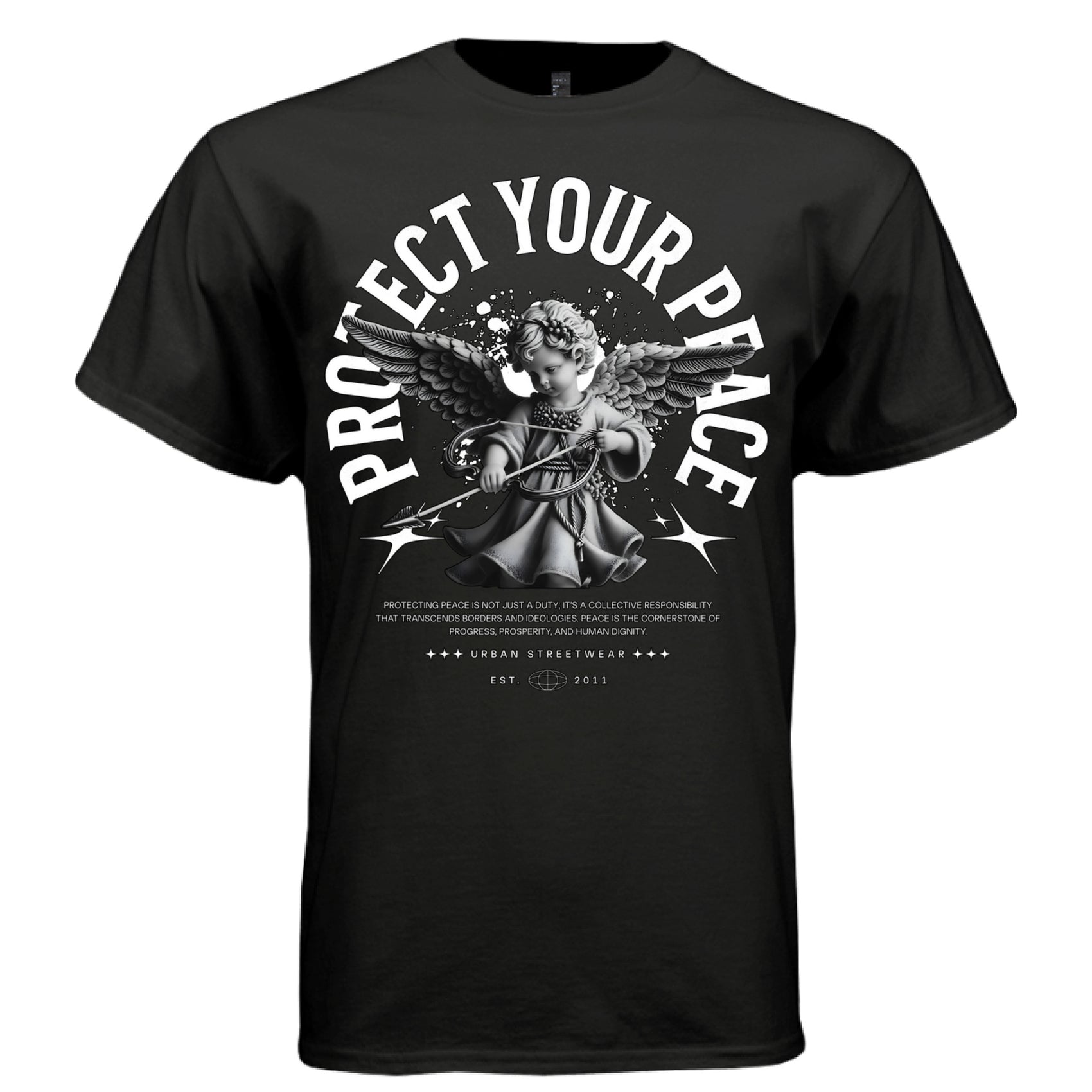 Cherub with bow and arrow starburst splatter detail — Project Hood Protect Your Peace tee